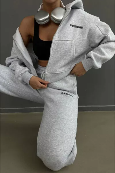 Wrst Winter Cardigan Sweatpants Set - Gray Printed Zip-Up Oversized Hoodie