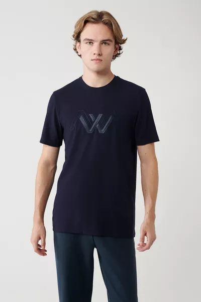 Мужская футболка темно-синяя с принтом, круглый вырез, мягкая ткань, свободный крой 