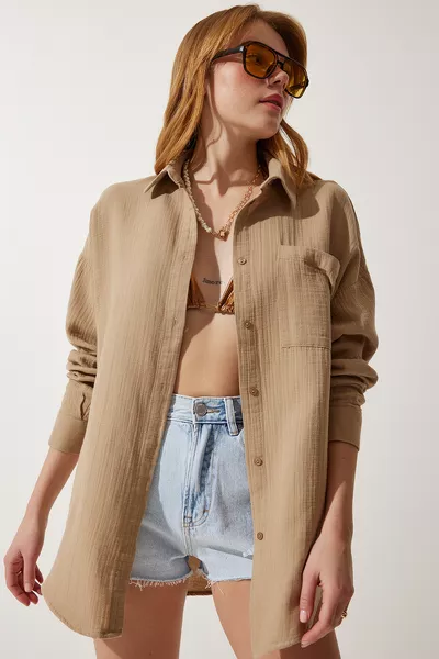 قميص نسائي بيج بجيب، واسع، من الموسلين 