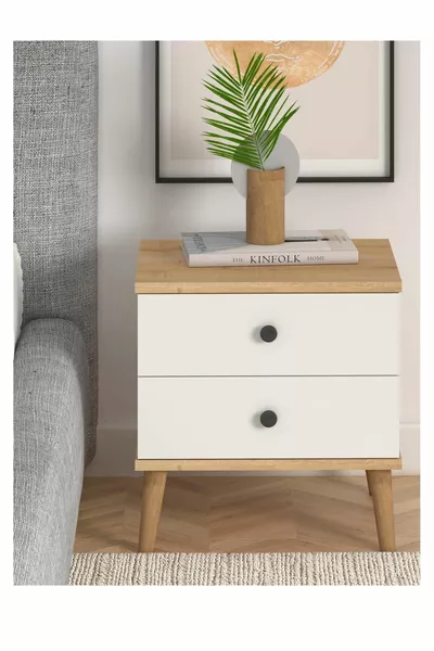 طاولة جانبية لوسي مع درجين، مجموعة مكونة من قطعتين