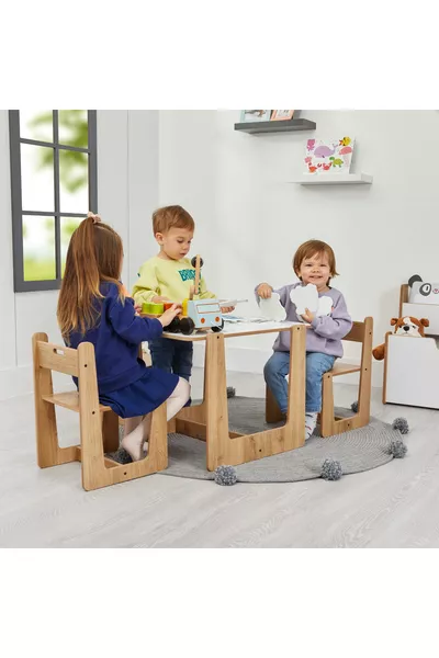 Set di Tavolo e Sedie in Legno Montessori Turna per Attività Gioco e Studio 2-4 Anni (1 Tavolo + 2 Sedie)