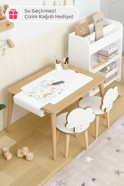 Tavolo da gioco in legno con 2 sedie, resistente all'acqua, tavolo per bambini