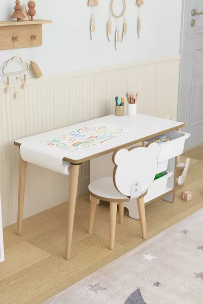 مكتب نشاط للأطفال بكرة ورق الرسم وطاولة عمل وخزانة ألعاب