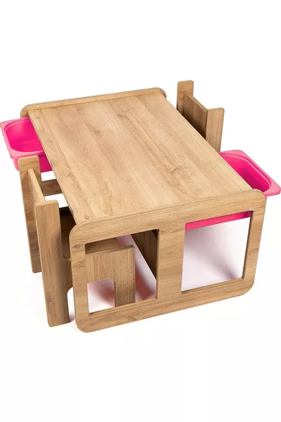 Table enfant pour 2 personnes – MDF Noyer - Rose avec tiroir