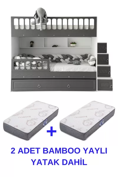 زنمرد سرير بطابقين / يشمل 2 سرير مرن من الخيزران / MDF بنسبة %