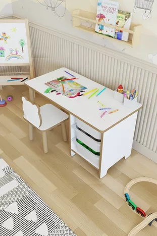 Ensemble Table et Chaises pour Enfants - Bureau d'Activité pour Enfants avec 3 Paniers, Tableau Effaçable à Sec, Chaise Panda