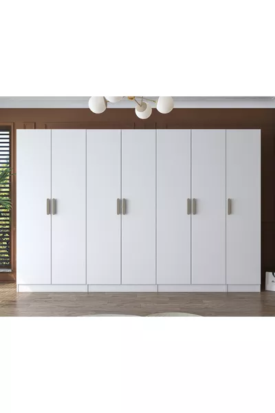 خزانة ملابس واسعة Rani ، 7 أبواب،  رف، 3 علاقات، خزانة مودولار باللون الأبيض