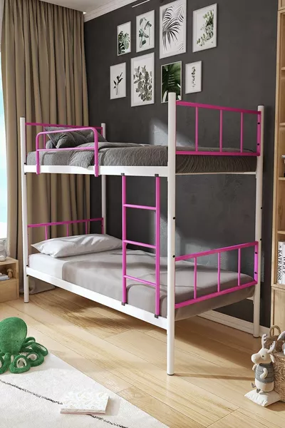 Lits superposés Tekno compatibles avec matelas, lit en métal détachable, rose foncé