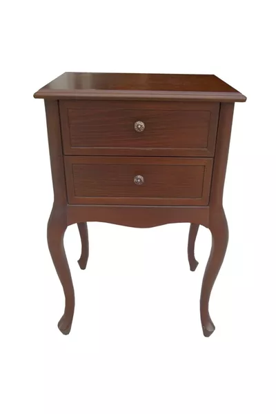 Commode et table de chevet en bois à 2 tiroirs sur pieds en baguette, couleur noyer