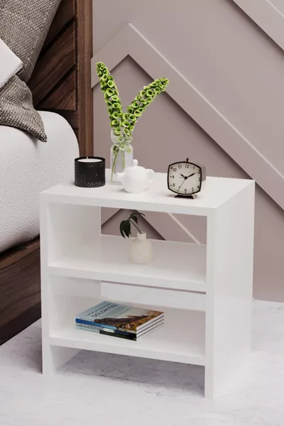 طاولة بجانب السرير بغرف النوم مع رفين وطاولة جانبية مقسمة