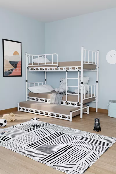 Cameretta per bambini piccoli Zambak con letto a castello in metallo e letto singolo