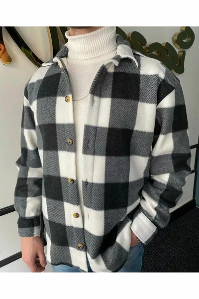 Black Oversized Plaid Thick Winter Men's Fleece Shirt