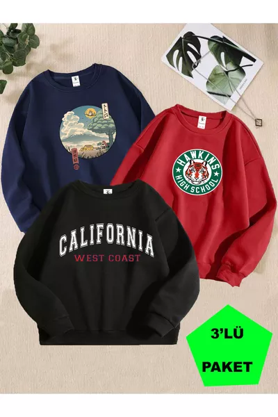 Kids' Unisex Sweatshirt with Fleece Lining, Printed, Black-Navy-Red, Triple Crew Neck