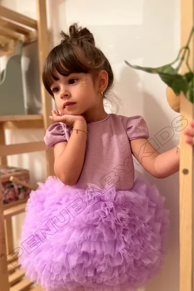 فستان طفلة بأكمام قصيرة وتول بنفسجي - برنسيس