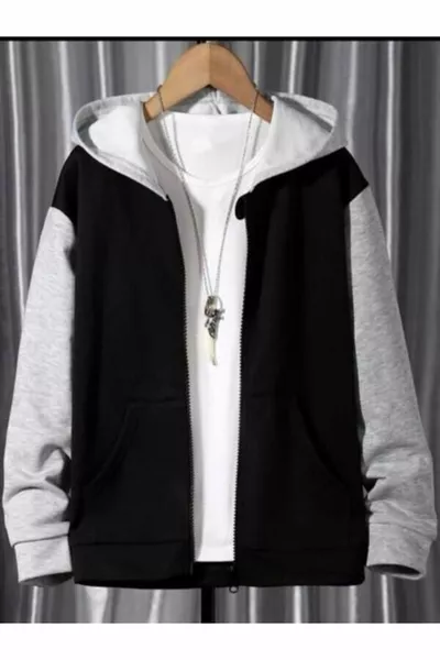 Women's Oversized Hooded Cardigan with Floral Butterfly Print in Black-Grey with Zipper Details