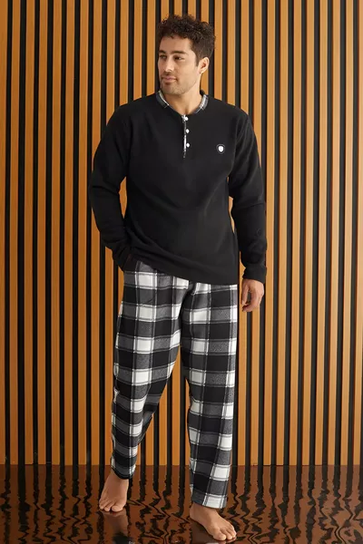 Zwart-wit geruit fleece heren pyjama set