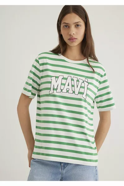 Футболка с логотипом, зелёная в полоску, обычного кроя / стандартный размер 