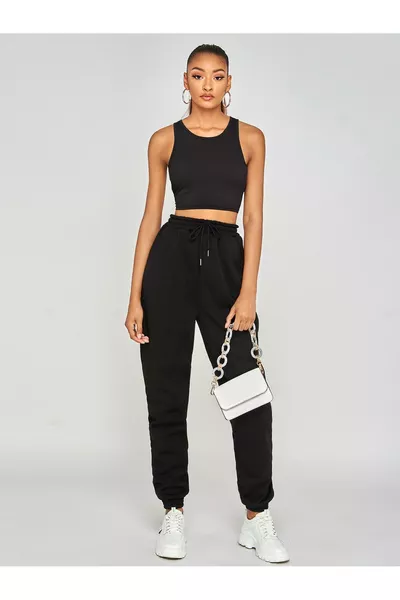 Women's Black Jogger Double-Knit Elastic Waist Sweatpants