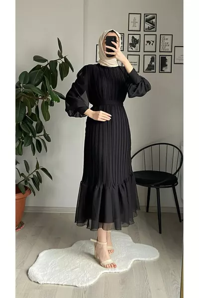 فستان محتشم شيفون أسود بطيات