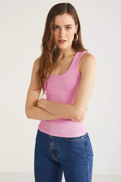 Lıllesol Women's Cotton Ribbed Look Square Neck Thick Strap Basic Dark Pink Tank Top