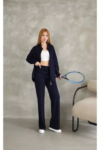 Oversized Zipper Sweatshirt and Wide-Leg Modal Fabric Tracksuit with Tape Details