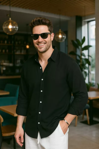 قميص رجالي أسود فضفاض من الكتان بألياف أيروبين