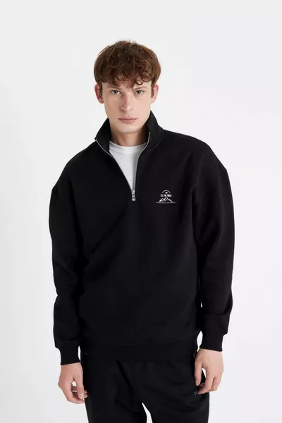 سويت شيرت بطبعة، ياقة عالية بسحاب، مقاس مريح عادي، موديل AU