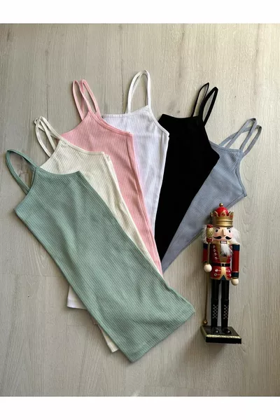 Verstelbare Dames Ribgebreide Katoen Mix 6-delige Tanktop Set