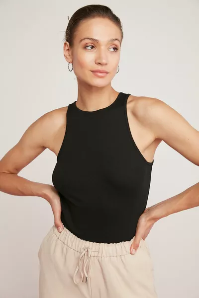 Mıra Dames Ribstof Look Katoenen Regular Halterhals Mouwloze Zwarte Top