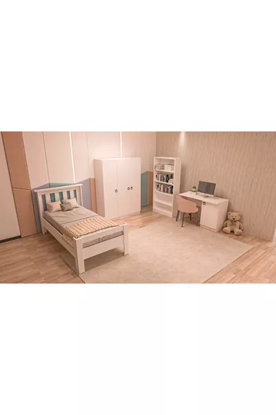 4-Piece White MDF Youth Bedroom Set (Bed, Wardrobe, Bookshelf, and Desk)