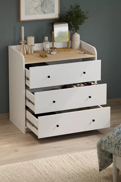 3-Drawer Chest of Drawers, 6-Compartment Wardrobe, Bedroom Cabinet, Begüm Sapphire Oak White