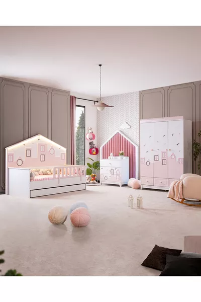 Montessori Children's Room - City Montessori 3-Door Wardrobe, Bunk Bed, Dresser - Pink