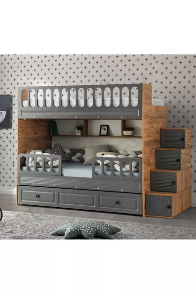 Рейкавая кровать-чердак с решеткой, мембранное покрытие, стальная опора, MDF 100%