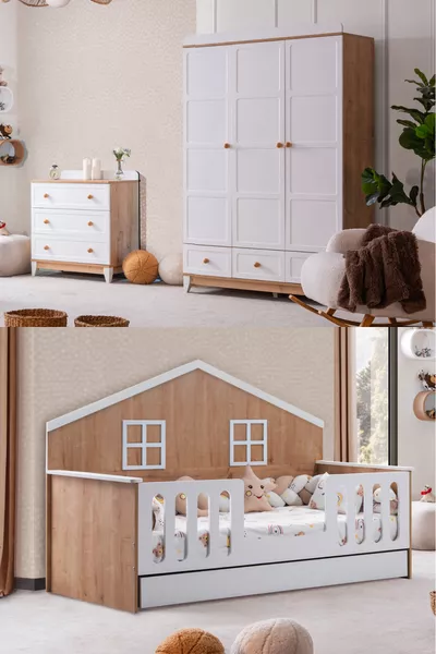 طقم غرفة الأطفال بيلو، سرير بيلو مع درج، خزانة برلين بثلاثة أبواب، كومود - جوز