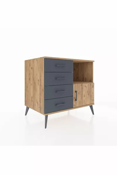 Comò Kronos con singolo ripiano, 4 cassetti e anta singola Pino-Pino/Antracite