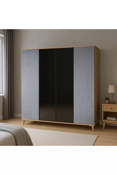 خزانة ماغنسيوم عالية الجودة بأربعة أبواب من إيجه | طلاء ريهاو | أرجل من خشب الزان | بتفاصيل زجاجية