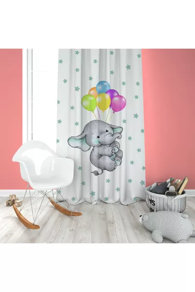 Flying Elephant with Balloons Kids' Room Set (Curtains, Bedspread and Pillow, Rug)