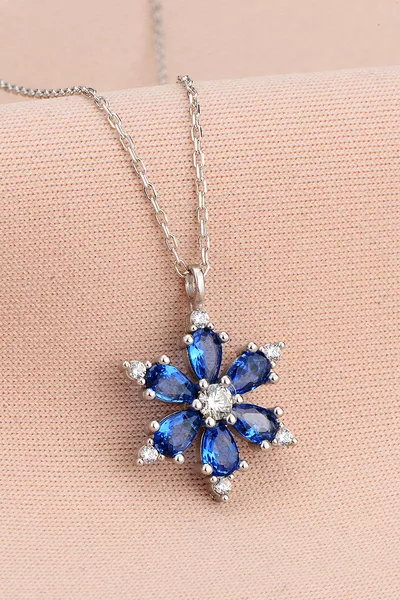 Silver Chain Setting Sapphire Blue Teardrop Camellia Lotus Flower Necklace - Certified