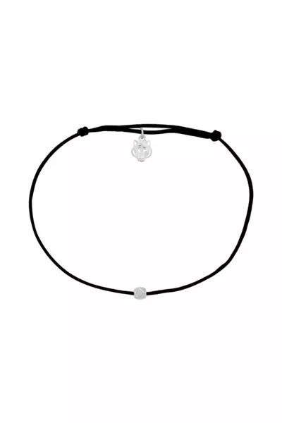 White Gold Plated Silver Tiger Charm Black Cord Bracelet