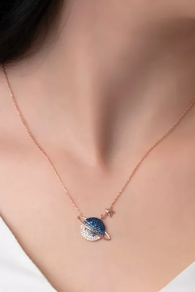 Women's Adjustable Silver Chain Rose Plated Colored Stone Planet Model Necklace