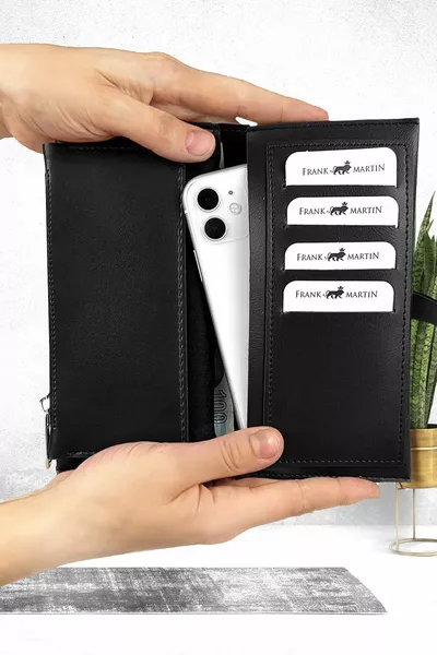 Дамско портмоне с разделители за телефон, хартиени и монети, с колан и поставка за карти, портфейл