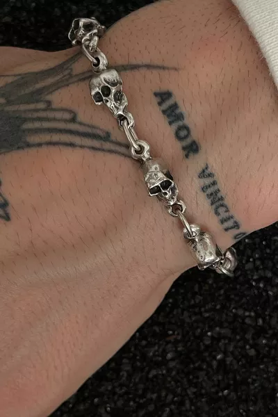 Skull Bracelet Biker Style Adjustable Chain Bracelet Vintage Silver Plated