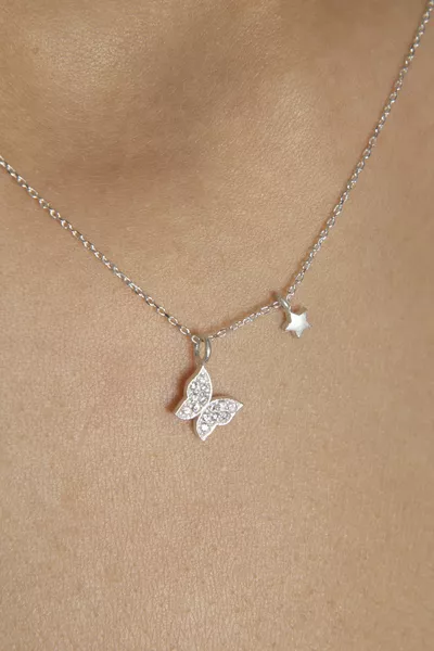 Women's Butterfly Design Silver Necklace with Star Detail