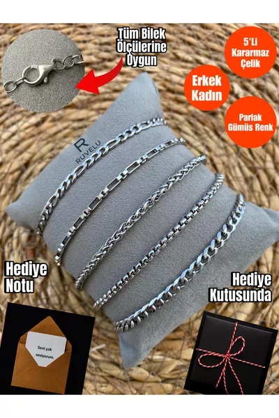 Set di 5 Braccialetti in Acciaio | Inossidabile, Non Sbiadisce, Unisex, Regalo, Alta Qualità