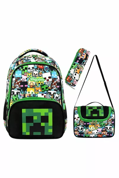 Mine Creeper 3-Piece Set Elementary School Backpack, Thermal Lunch Bag, and Pencil Case Set