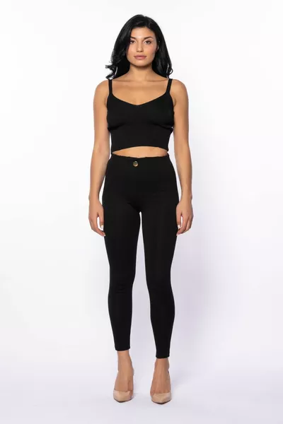 زر أسود أسفل الجبهة مطوي عالية الخصر جمع السراويل طماق