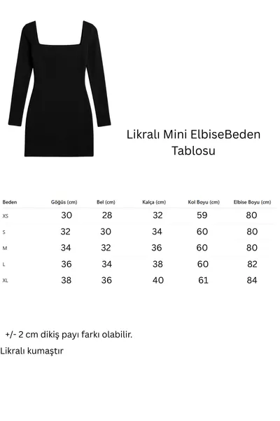 فستان قصير أسود برقبة مربعة وأكمام طويلة مع ليكرا (لمواسم الخريف والشتاء)