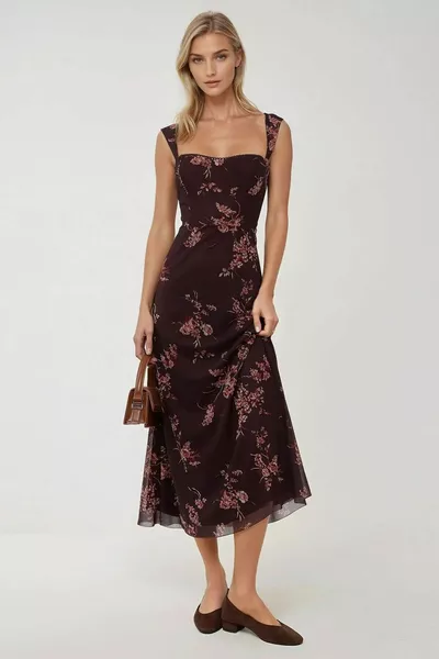 فستان ماكسي بنقشة رقبة قلب