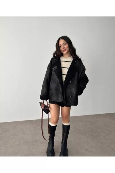 Плюшевый ламинированный плащ с пуговицами Чобан