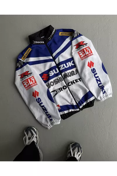 Unisex Children's White Suzuki Digital Printed Lightweight % Waterproof Zip-Up Raincoat Jacket